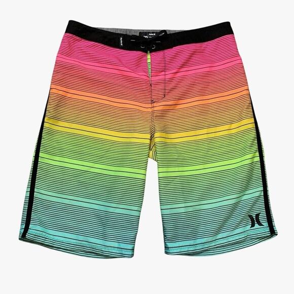 Hurley Board Shorts Mens 20 Rainbow Black Striped Drawstring Surfing Swim Beach - Picture 1 of 15
